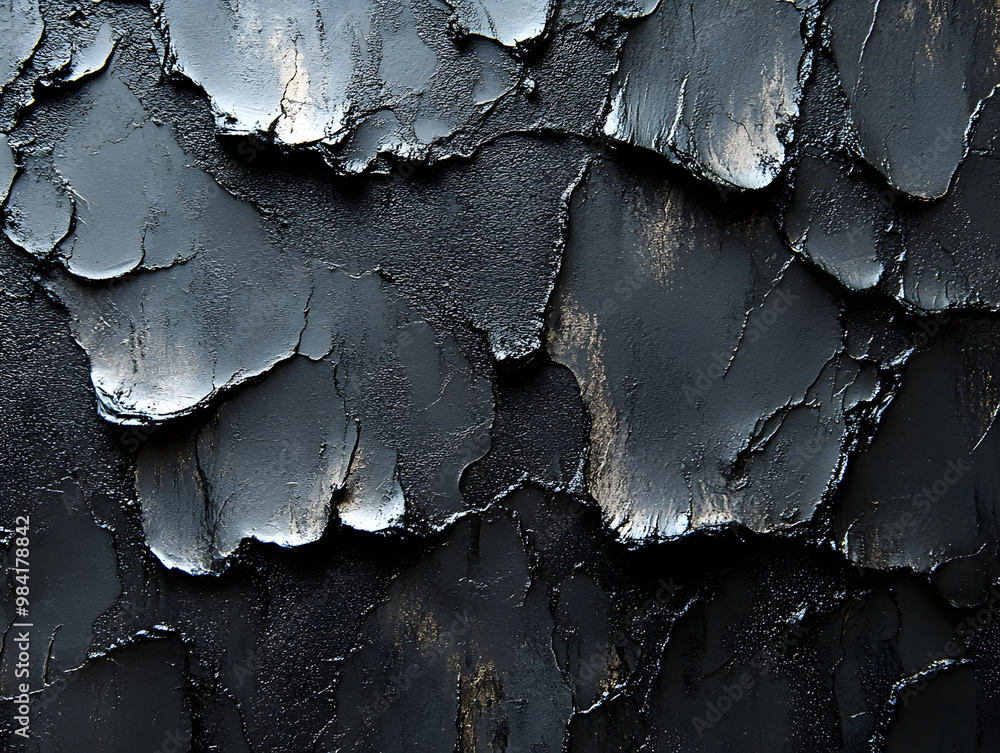 Close-up of textured black surface with peeling paint, showcasing a mix of matte and glossy finishes for artistic backgrounds. Close-up of textured black surface with peeling paint, showcasing a mix of matte and glossy finishes for artistic backgrounds.