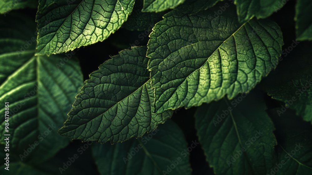 Close-up of a textured green foliage with intricate leaf veins illuminated by soft sunlight creating a serene and natural background Close-up of a textured green foliage with intricate leaf veins illuminated by soft sunlight creating a serene and natural background