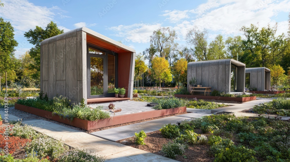A set of geometrically diverse garden sheds, each demonstrating a different potential use of fiber cement siding in garden-based architecture A set of geometrically diverse garden sheds, each demonstrating a different potential use of fiber cement siding in garden-based architecture