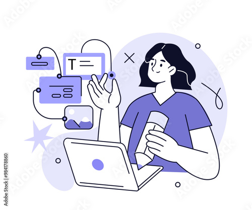 Prompt engineering. Character working with artificial intelligence, generative model, automation tool. AI in business concept. Vector illustration.