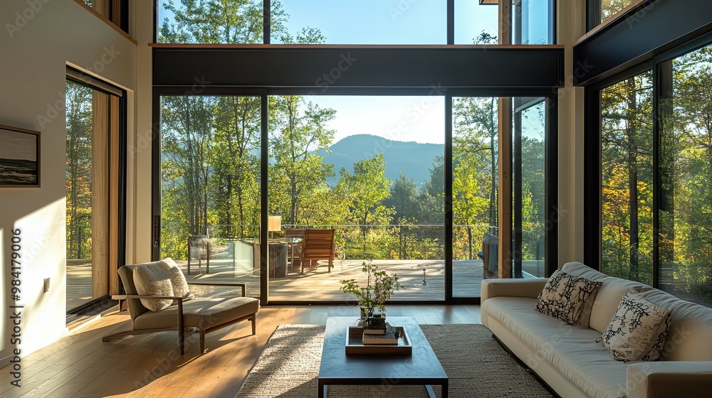 Fototapeta premium A Modern Living Room with Large Windows Overlooking a Forest