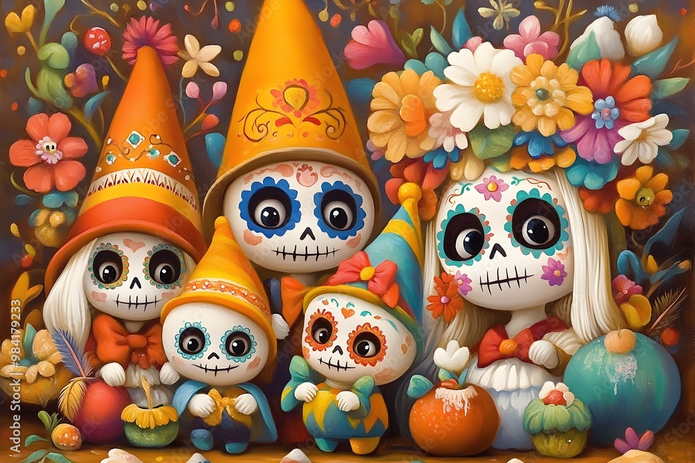 Vibrant Day of the Dead with Whimsical Gnome Figures and Colorful Sugar Skull Makeup Vibrant Day of the Dead with Whimsical Gnome Figures and Colorful Sugar Skull Makeup