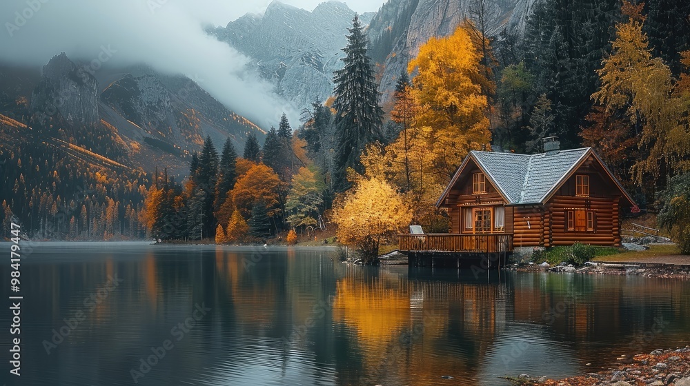 Fototapeta premium A log cabin by the lake in the mountains, with autumn colors, on a rainy day. with a forest and mountains, cozy atmosphere. Generative AI.