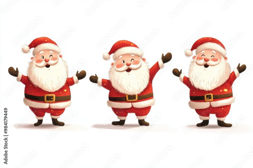 Four joyful Santa Claus characters in different poses, each exuding holiday cheer and warmth Four joyful Santa Claus characters in different poses, each exuding holiday cheer and warmth