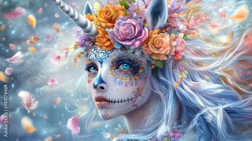 Wallpaper Mural Vibrant Ethereal Unicorn Skull Creature with Colorful Floral Headpiece in Mystical Floating Petals Landscape Torontodigital.ca