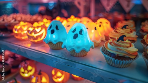 Front view of Halloween pastries like glowing ghost pies and neon pumpkin cupcakes in a witch s bakery, cybernetic tone, Complementary Color Scheme photo