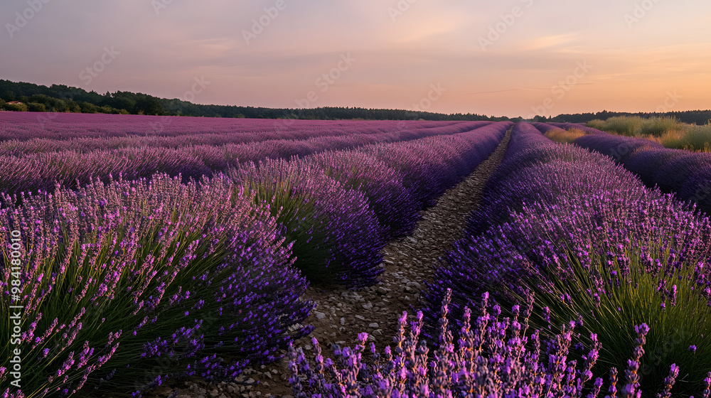 Lavender Field at Sunset with Purple Flowers and Golden Hour Light Lavender Field at Sunset with Purple Flowers and Golden Hour Light