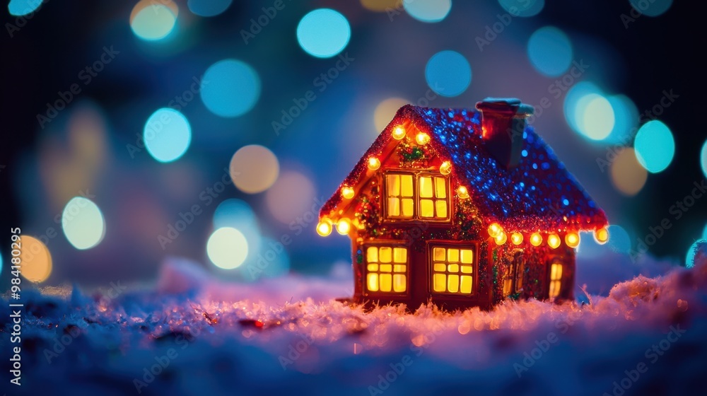 Naklejka premium Seasonal house decorated with bright festive lights in a soft-focus background creating a warm and inviting atmosphere of holiday cheer