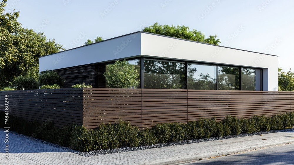 A sleek, minimalist wooden fence around a modern home, offering privacy without sacrificing style A sleek, minimalist wooden fence around a modern home, offering privacy without sacrificing style