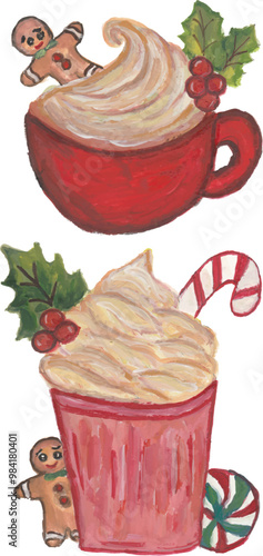 Christmas beverage hot chocolate and frappe hand drawn illustration watercolour