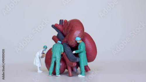 Miniature doctors conducting surgery on a huge kidney model in a captivating 360-degree spin video.