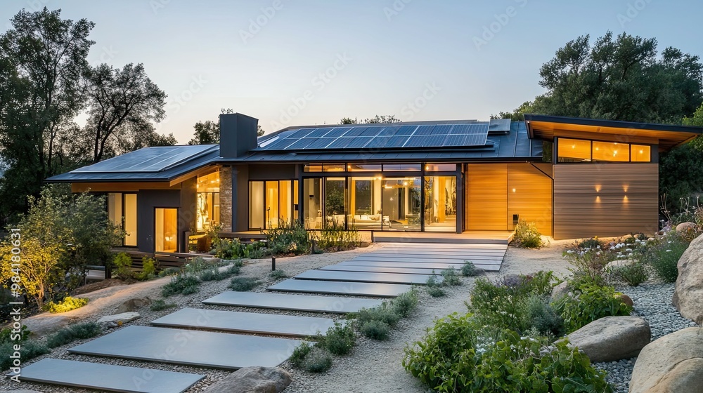 Modern Home with Solar Panels and Stone Pathway Modern Home with Solar Panels and Stone Pathway