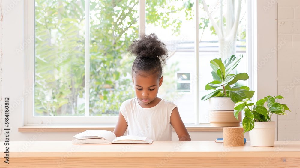 Young girl reading a book at a desk by a window with houseplants Young girl reading a book at a desk by a window with houseplants