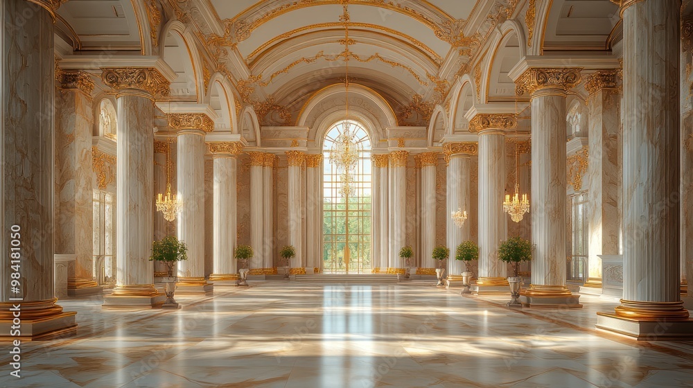 Elegant grand hall with marble columns and large windows. Elegant grand hall with marble columns and large windows.