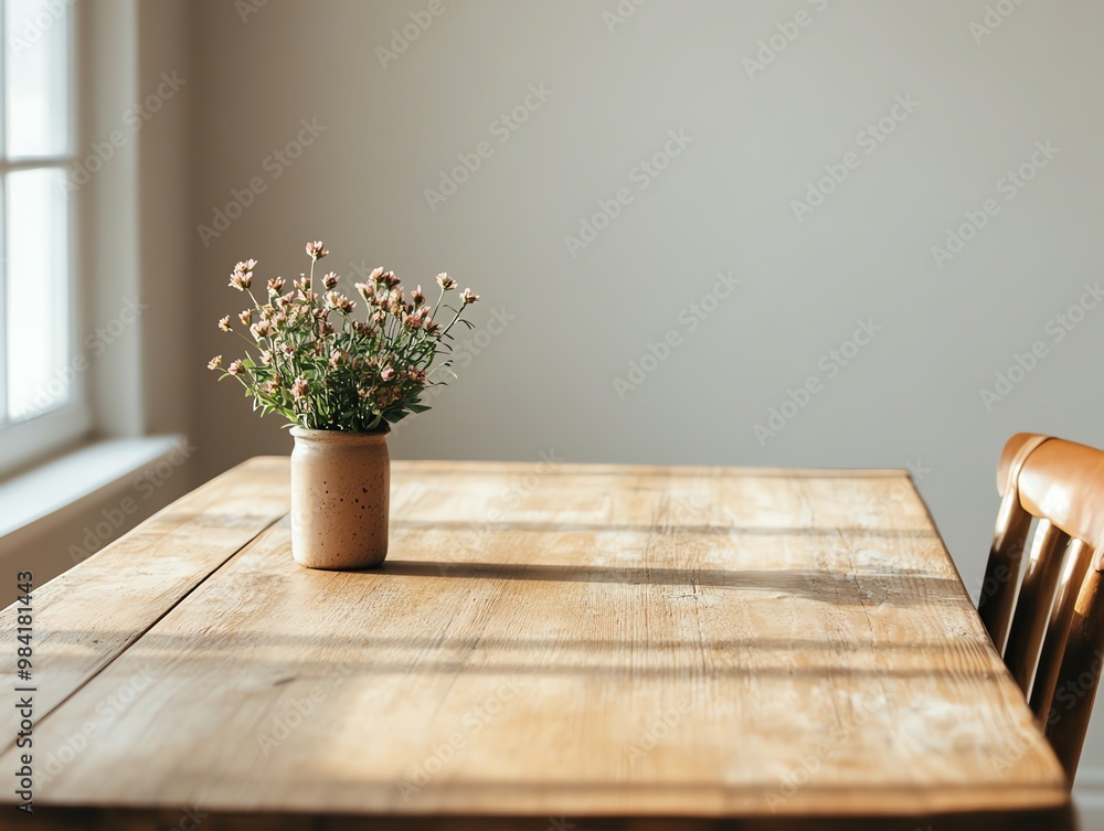 Fototapeta premium A simple wooden table adorned with a vase of flowers, creating a warm and inviting atmosphere in natural light.
