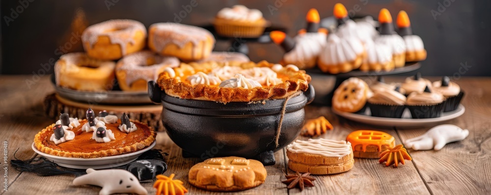 Halloween-themed treats at a witch's bakery with haunted cauldron pies and glowing ghost cookies, cybernetic tone, Complementary Color Scheme Halloween-themed treats at a witch's bakery with haunted cauldron pies and glowing ghost cookies, cybernetic tone, Complementary Color Scheme
