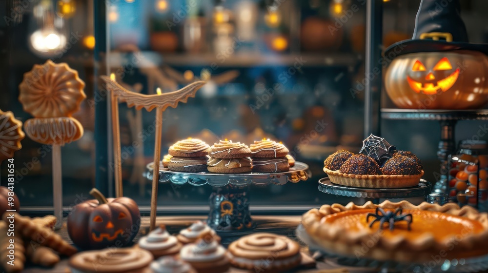 Halloween-themed treats glowing in a witch s bakery window, with broomstick cookies and pumpkin pies, cybernetic tone, Complementary Color Scheme Halloween-themed treats glowing in a witch s bakery window, with broomstick cookies and pumpkin pies, cybernetic tone, Complementary Color Scheme