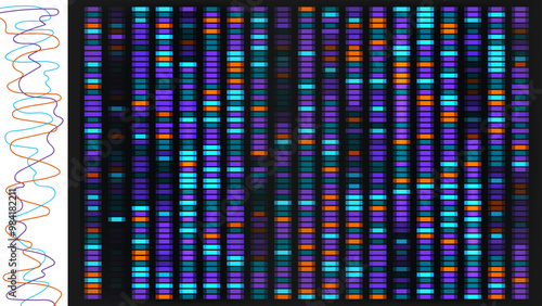 Dna sequence map vector bg. Genetic data visualization with chart for medical pattern analysis. Science graph texture illustration for genome research. X and y chromosome evolution test profile.