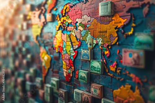 Wallpaper Mural A colorful jigsaw puzzle of the world with a variety of money and coins Torontodigital.ca