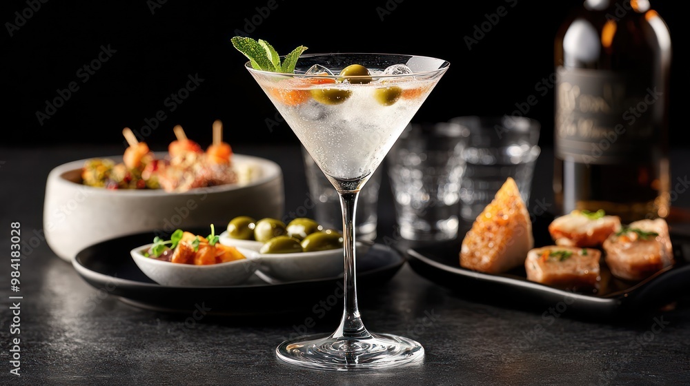 Elegant Cocktail Bar Scene with Dry Martini, Gourmet Olives, Exotic Appetizers, and Mood Lighting, Generative AI Elegant Cocktail Bar Scene with Dry Martini, Gourmet Olives, Exotic Appetizers, and Mood Lighting, Generative AI