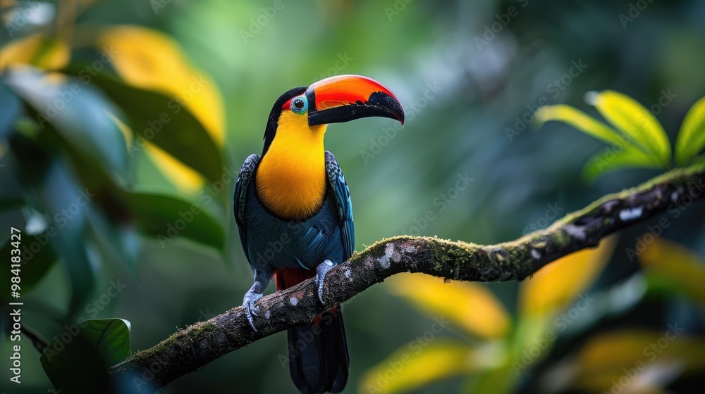 Fototapeta premium Colorful toucan perched on a tree branch surrounded by lush tropical foliage in a vibrant rainforest setting.
