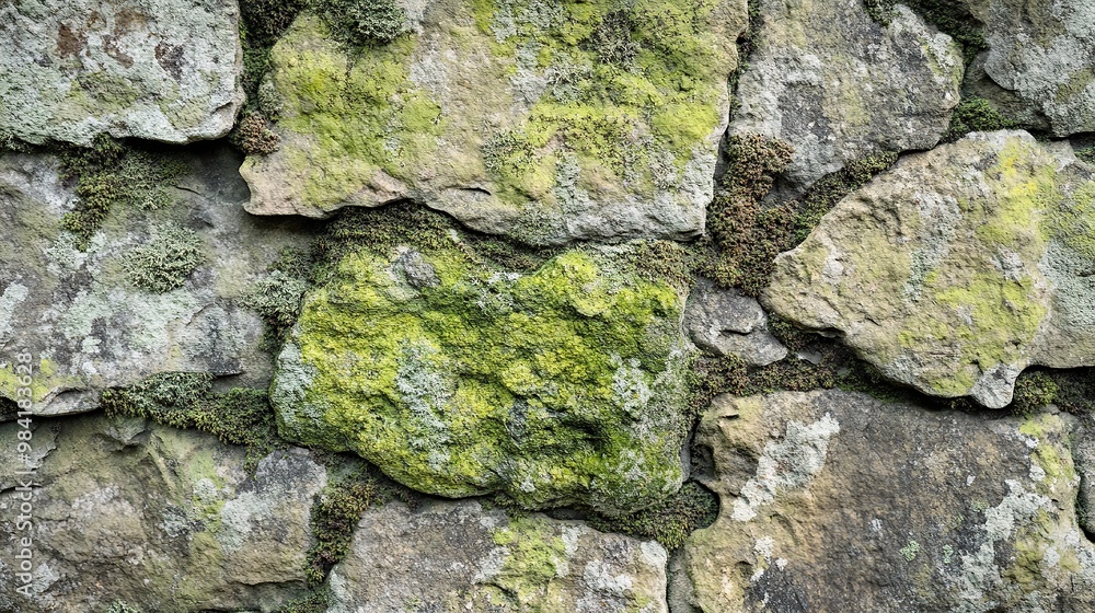 Close-up of a textured stone wall covered in moss and lichen. Close-up of a textured stone wall covered in moss and lichen.