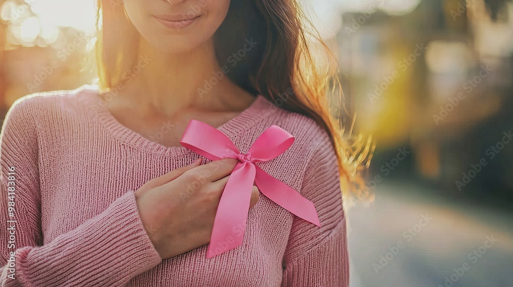 Beautiful, smiling, confident women with a pink ribbon. Breast Cancer Awareness Month concept. Beautiful, smiling, confident women with a pink ribbon. Breast Cancer Awareness Month concept.
