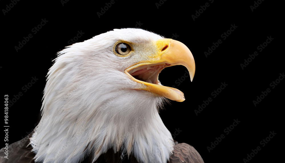 Obraz premium Close, detailed photograph of an adult Screaming Bald American Eagle against a black backdrop
