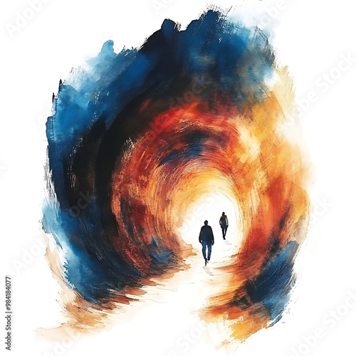 Abstract Watercolor Painting of Two People Walking Towards the Light.