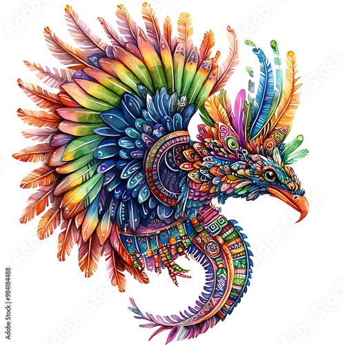 Vibrant Watercolor Illustration of a Mythical Bird with Colorful Feathers and Patterns.