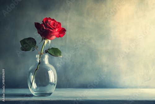 A single red rose in a clear glass vase on a textured surface against a softly lit background.