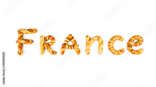 France text made of croissants and baguettes on a minimalist background. Generative AI