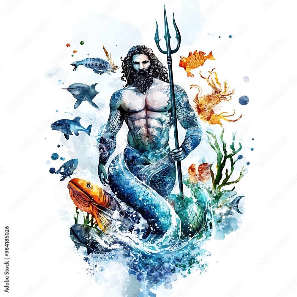 Watercolor Illustration of Poseidon, God of the Sea, with Trident and ...