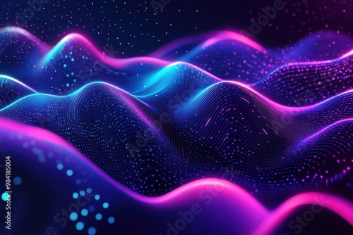Smooth, flowing neon digital waves in shades of blue and purple, rippling across a dark