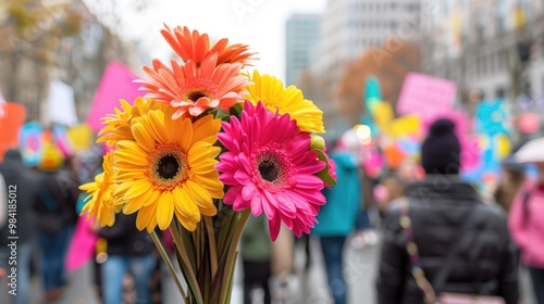 Colorful gerbera daisies at vibrant city street event of International Women's Day. photo