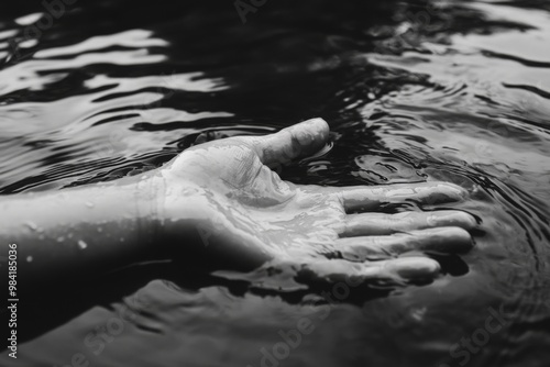 A close-up of a hand reaching out over water, creating gentle ripples, in a serene black-and-white setting.