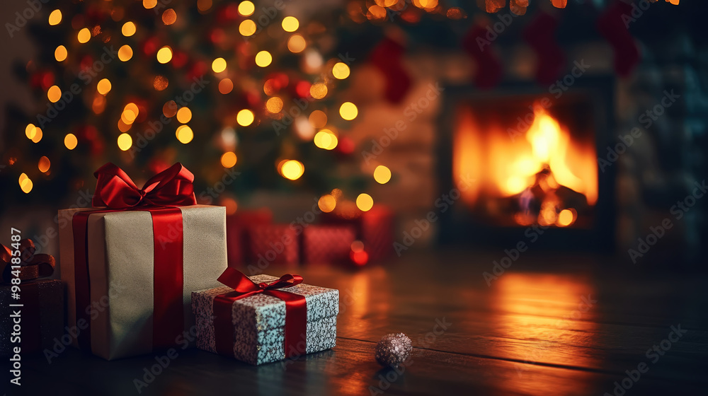 Aesthetic home Christmas scene with presents at night with bokeh lights of new year tree and fireplace. Generative AI Aesthetic home Christmas scene with presents at night with bokeh lights of new year tree and fireplace. Generative AI