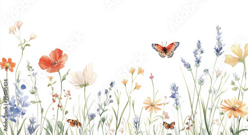 Watercolor wild flowers and butterflies border design on a white background, using pastel colors.