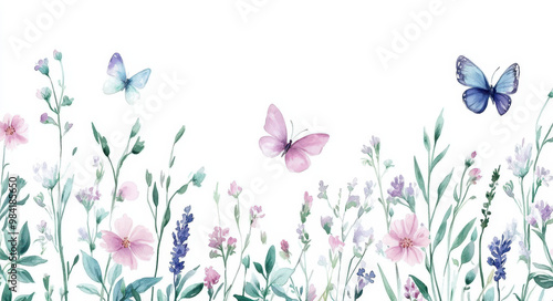 Watercolor wild flowers and butterflies border design on a white background, using pastel colors.