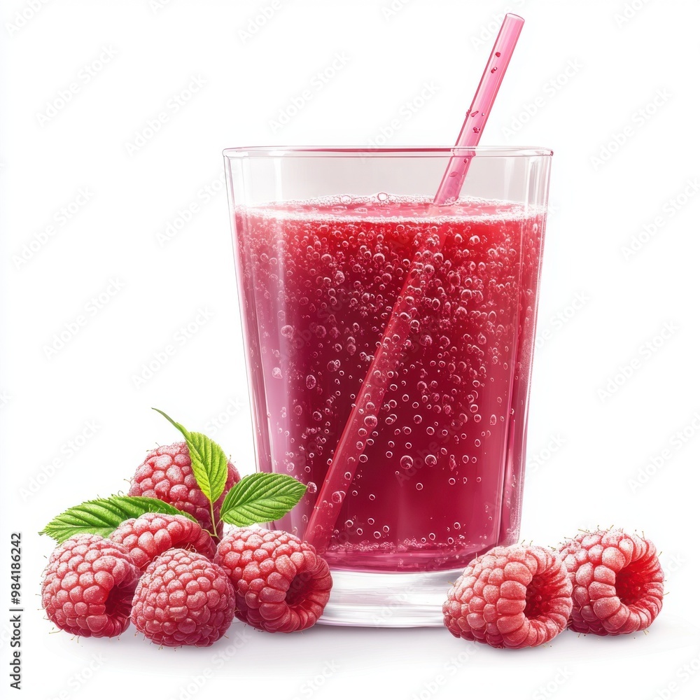 A glass of raspberry smoothie with a straw and some raspberries on a white background, vibrant colors. A glass of raspberry smoothie with a straw and some raspberries on a white background, vibrant colors.