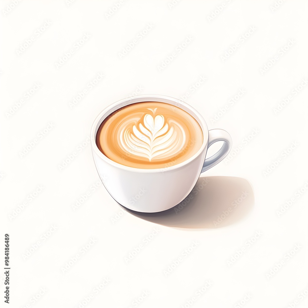 Illustrate a wide-angle perspective of a latte in a sleek, modern ceramic cup, showcasing intricate latte art, against a clean, crisp white backdrop with photorealistic details Illustrate a wide-angle perspective of a latte in a sleek, modern ceramic cup, showcasing intricate latte art, against a clean, crisp white backdrop with photorealistic details
