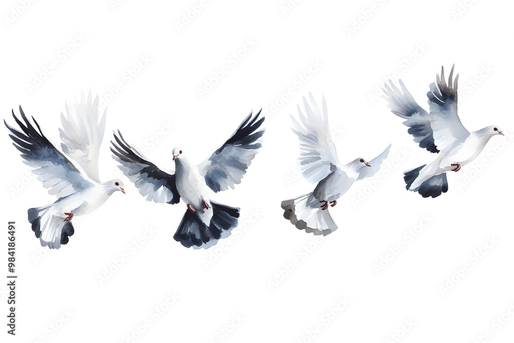 Fototapeta premium Illustrate a serene flock of doves mid-flight, their graceful wings outstretched, against a clean white canvas