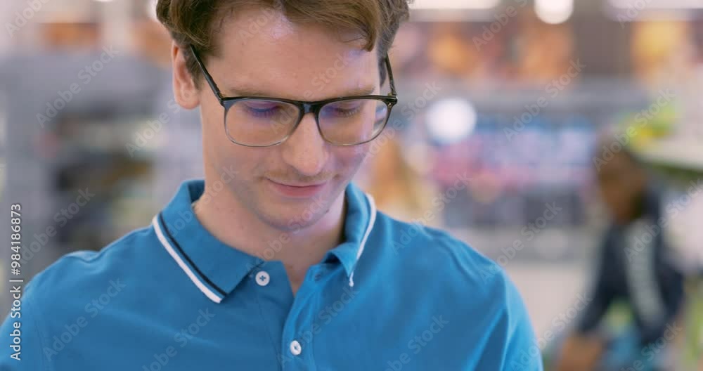 Portrait of a Caucasian Male Supermarket Manager Making an Inventory Review in a Grocery Store. Young Worker Replenishing and Organizing Stock in an Aisle with Canned Food Portrait of a Caucasian Male Supermarket Manager Making an Inventory Review in a Grocery Store. Young Worker Replenishing and Organizing Stock in an Aisle with Canned Food
