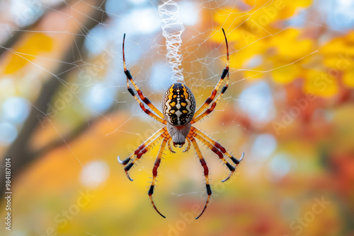 Close-up of a vibrant spider hanging on its web, set against a blurred autumnal background with warm yellow and orange tones photo