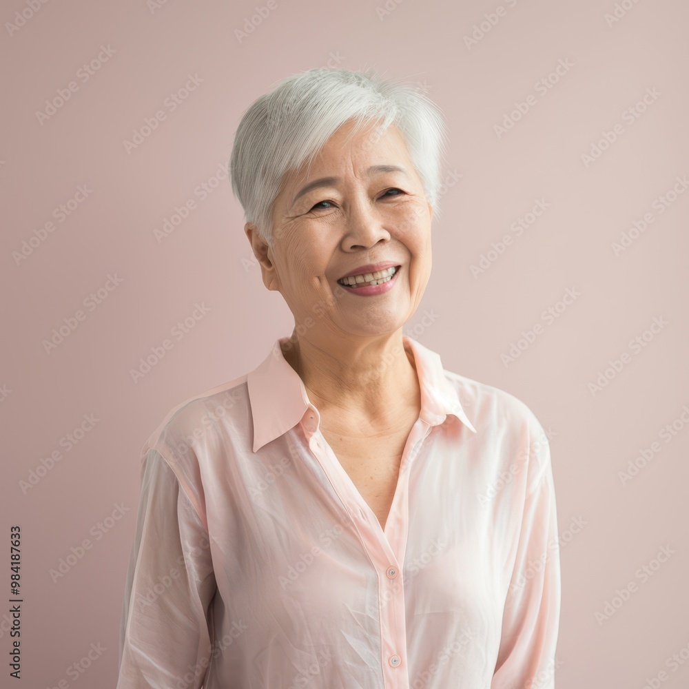 Delighted elderly East Asian woman in her 70s with short white hair smiling against a soft pink background Delighted elderly East Asian woman in her 70s with short white hair smiling against a soft pink background