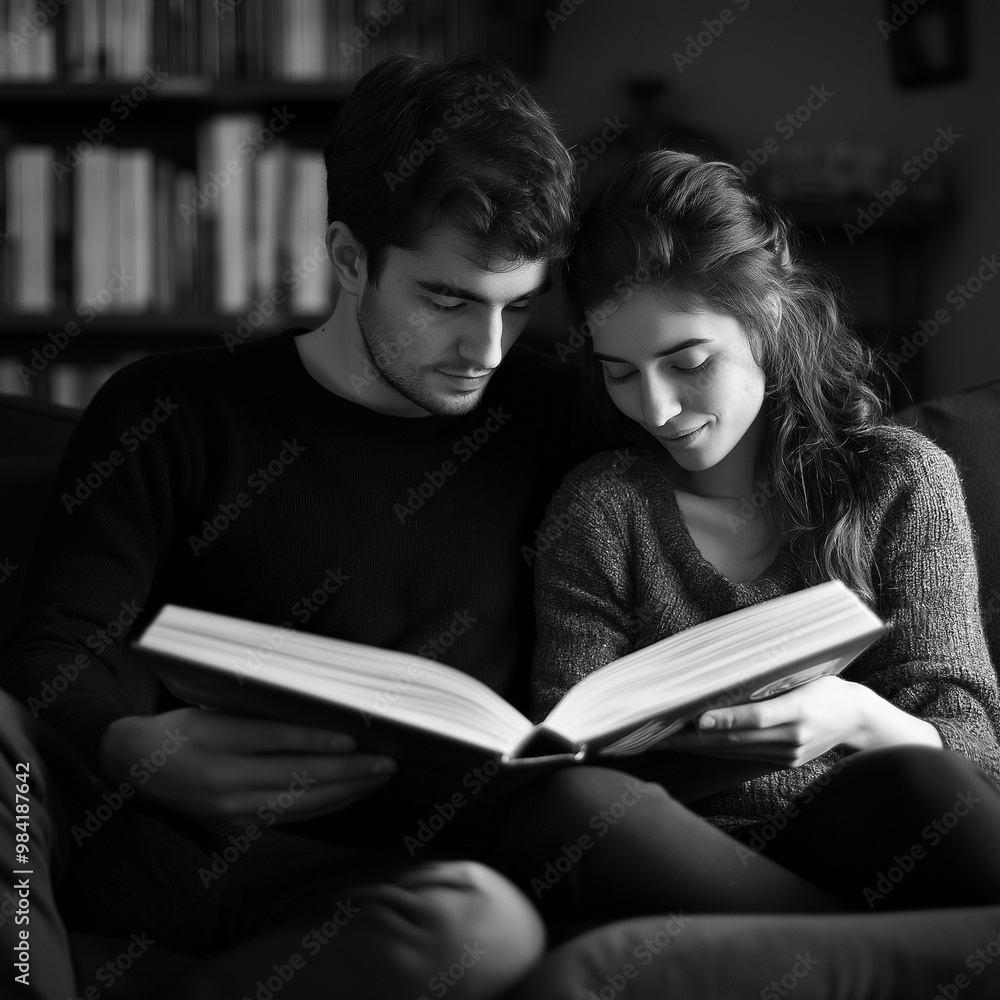Cozy couple reading a book together in a warm black and white setting Cozy couple reading a book together in a warm black and white setting