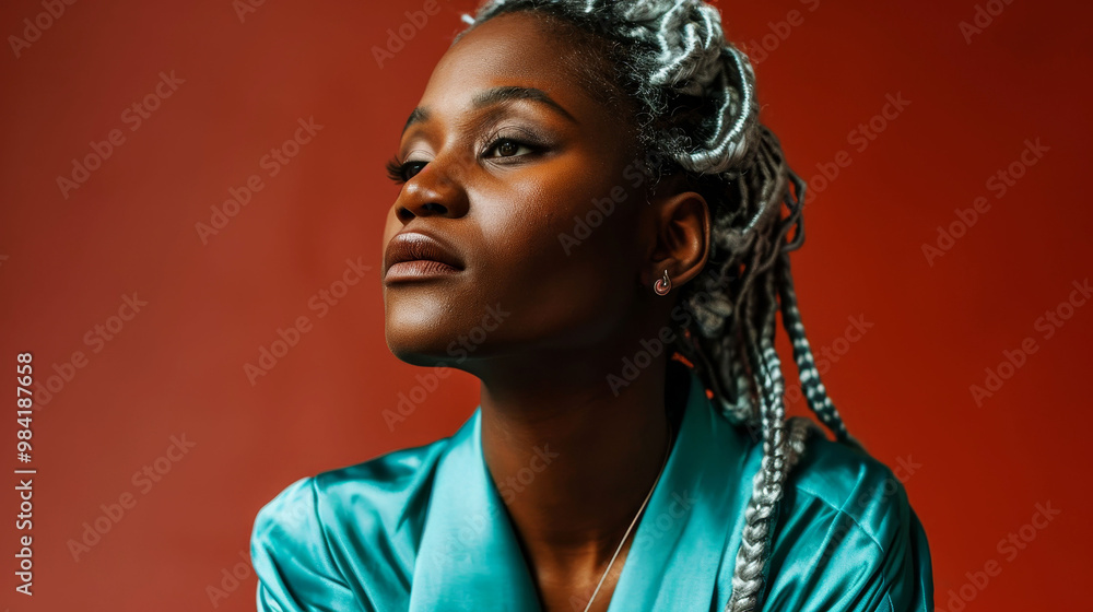 Fashionable woman with silver braids posing against a warm terracotta background Fashionable woman with silver braids posing against a warm terracotta background