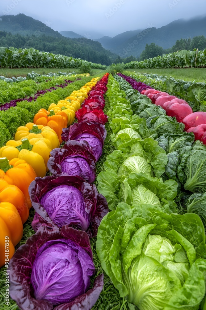 Fototapeta premium Rows of vibrant vegetable crops interspersed with free-roaming cattle, demonstrating natural coexistence, Vegetable and cattle farm, Sustainability