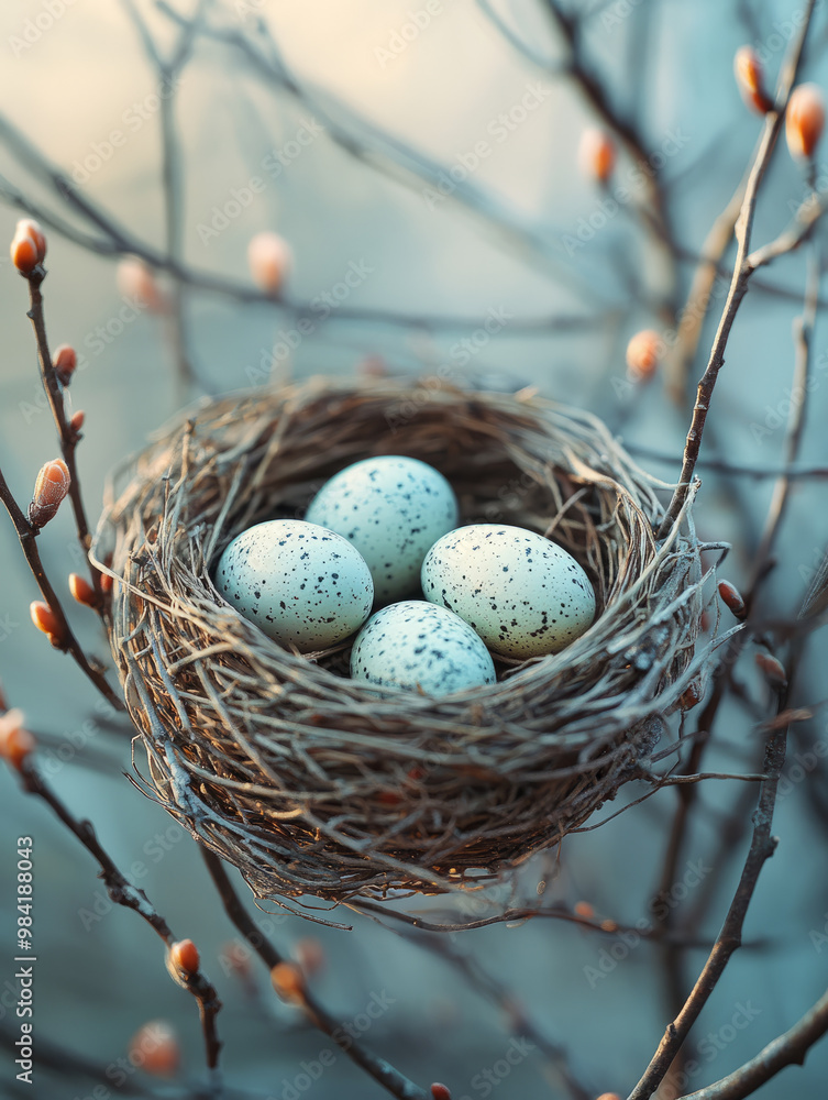 Obraz premium Bird's nest with speckled eggs among budding branches.