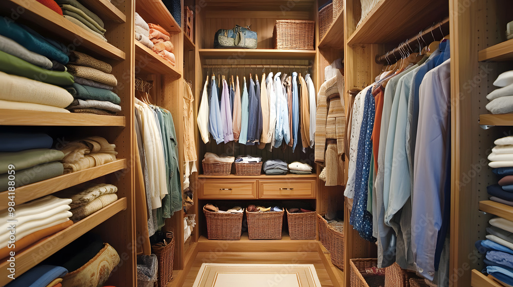 Modern walk-in closet with wooden shelves and drawers, hanging clothes Modern walk-in closet with wooden shelves and drawers, hanging clothes